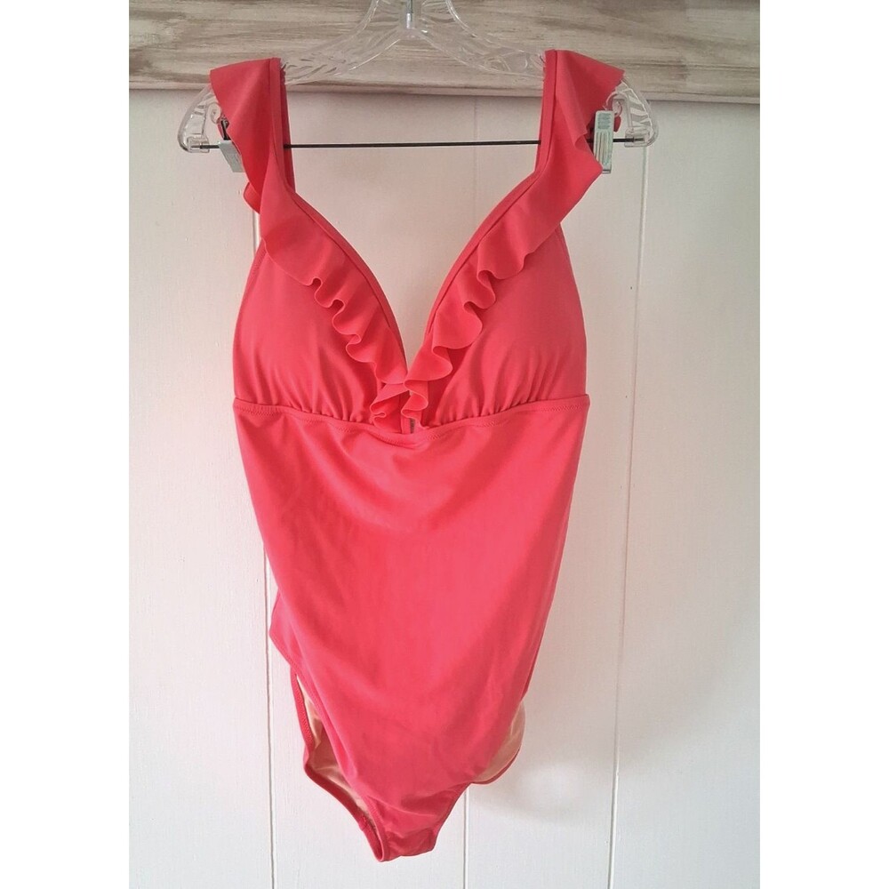 J.Crew One Piece Swimsuit XL Pink Ruffle V Neck Beach Pool Swim Cruise Womens